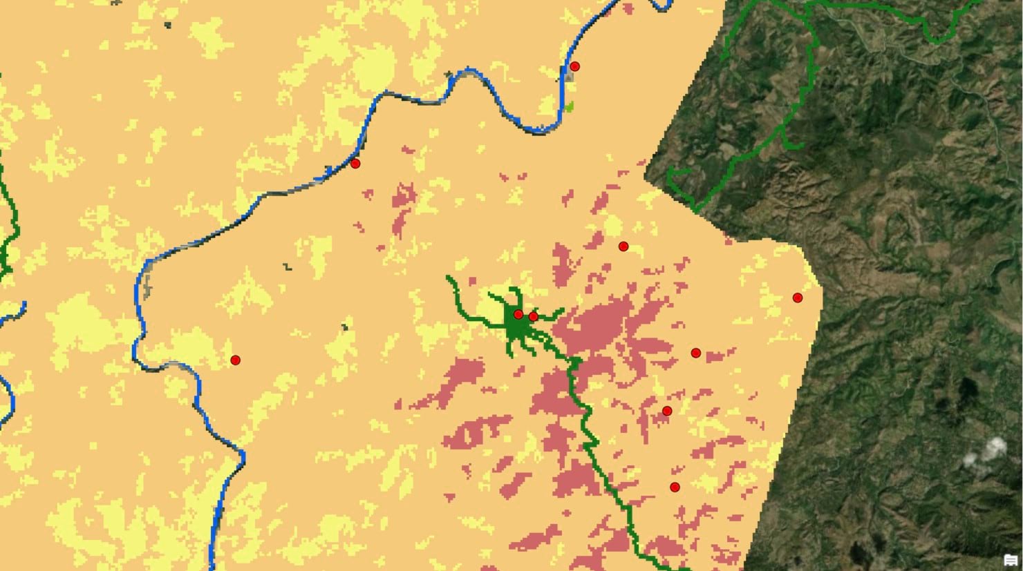 An example of cost raster is shown. Each color represents a different surface type (road, agriculture, and forest). An example of cost raster is shown. Each color represents a different surface type (road, agriculture, and forest).