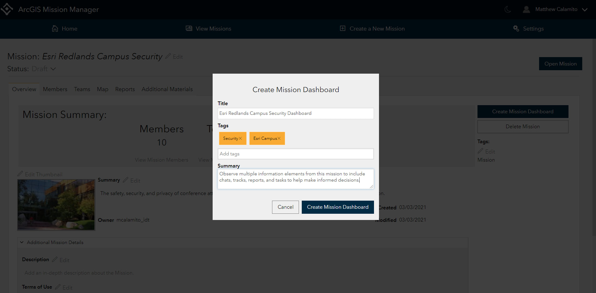 ArcGIS Mission - Create Dashboard