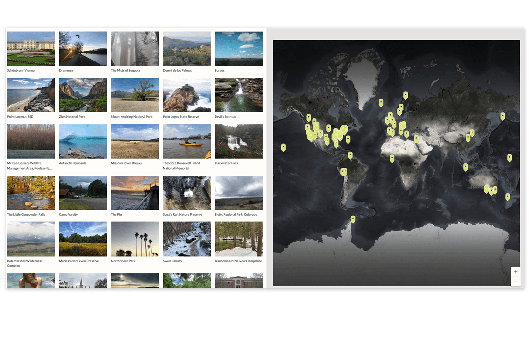 On the left side of is a map of the world. A hundred yellow points represent different EarthPlaces that have been submitted. To the right of the map is a grid of images, each associated with a different EarthPlace. On the left side of is a map of the world. A hundred yellow points represent different EarthPlaces that have been submitted. To the right of the map is a grid of images, each associated with a different EarthPlace.