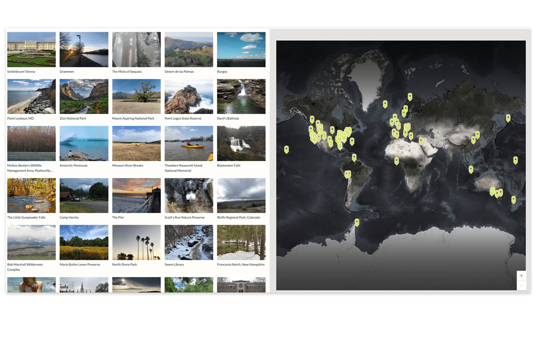 On the left side of is a map of the world. A hundred yellow points represent different EarthPlaces that have been submitted. To the right of the map is a grid of images, each associated with a different EarthPlace.