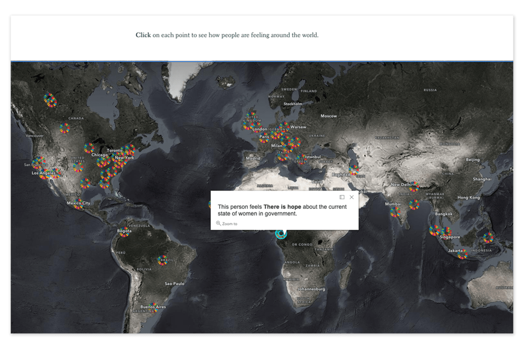 A map of the world is populated with points. Each point represents a unique response to the question "How do you feel about the current state of women in government?" A point in Yaounde, Cameroon is open, and its pop-up reads "This person feels there is hope about the current state of women in government."