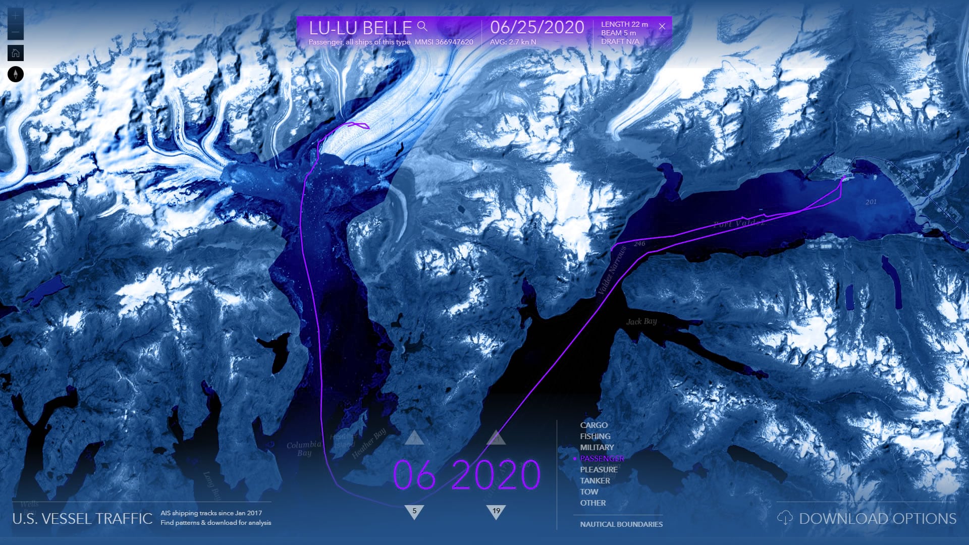 Vessels touring the edge of Portage Glacier in Alaska reveal a changing glacier edge, faster than the underlying basemap imagery can.