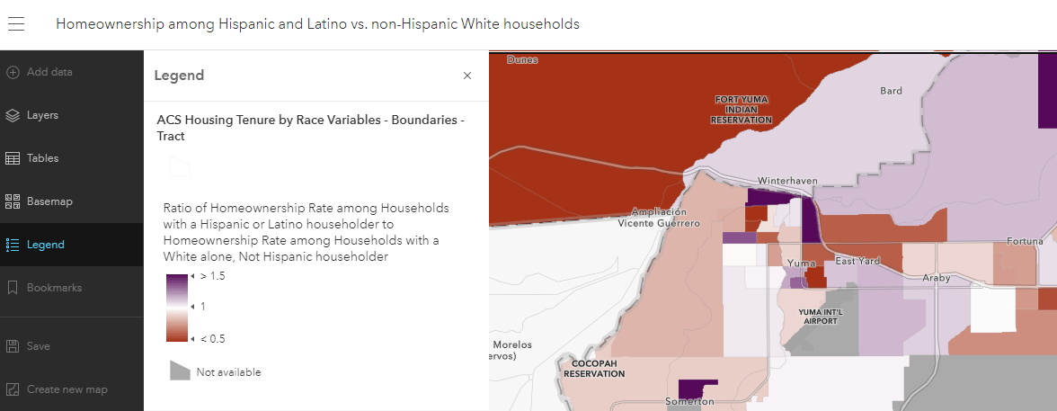 Map of Yuma, AZ showing Homeownership among Hispanic and Latino vs. non-Hispanic White households. Tracts with higher homeownership among Hispanic/Latino households shown in purple, and tracts with higher homeownership among non-Hispanic white households shown in red.