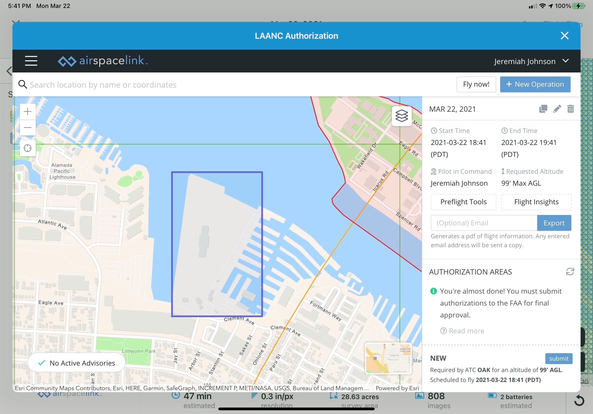 screenshot of an airspace authorization