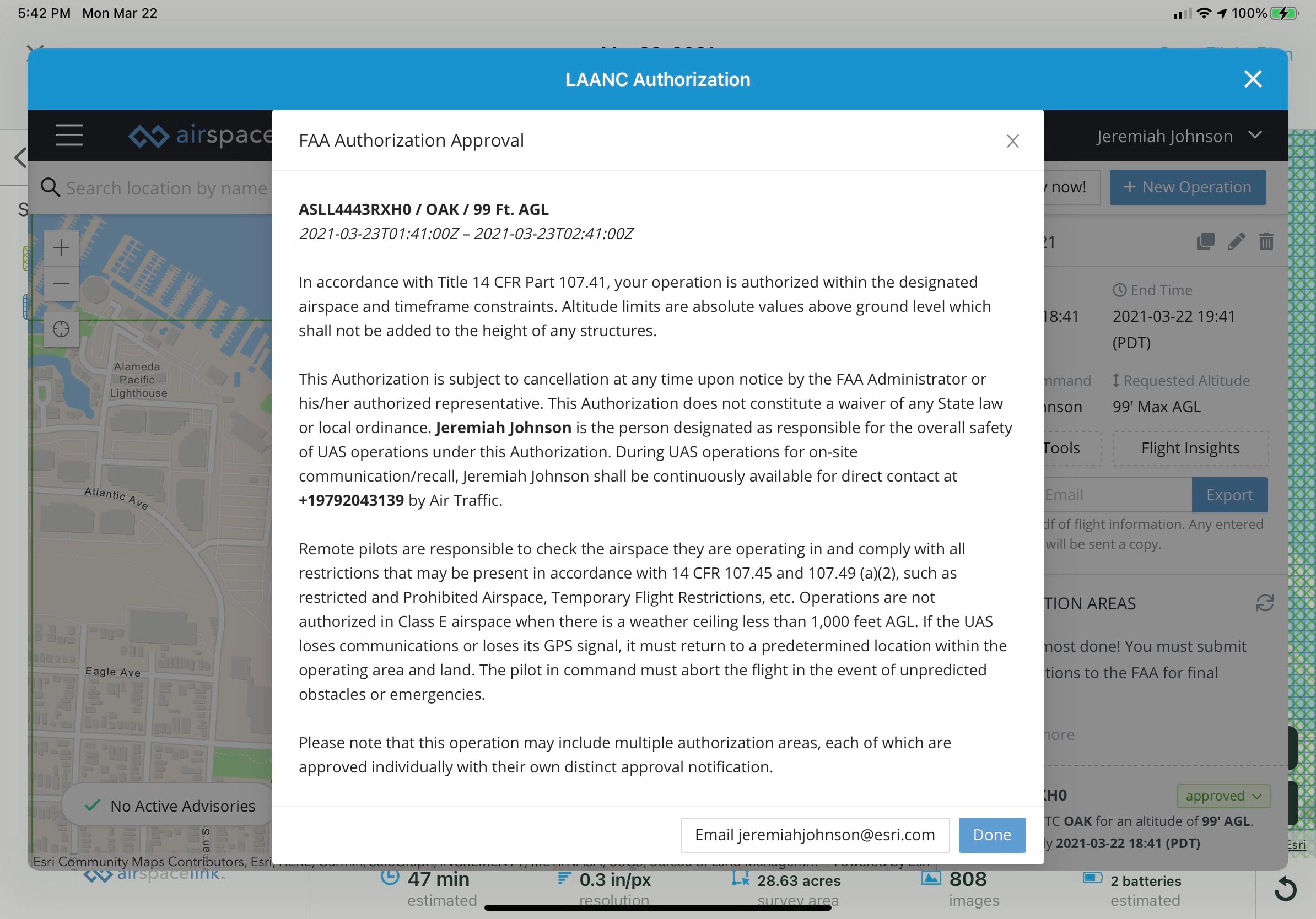 screenshot of an airspace authorization