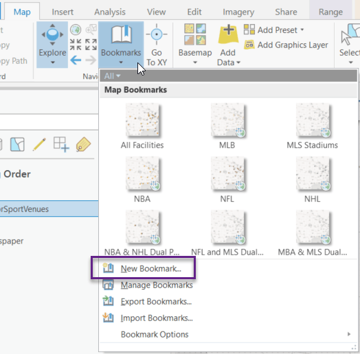 A picture of the expanded bookmarks tab in ArcGIS Pro. The New Bookmark button is highlighted. Existing bookmarks with the range icon are also visible.
