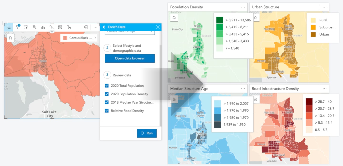 ArcGIS Insights enrich data dialog. ArcGIS Insights enrich data dialog.