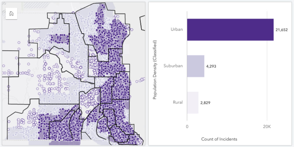 Map of emergency incidents classified by location and population density.