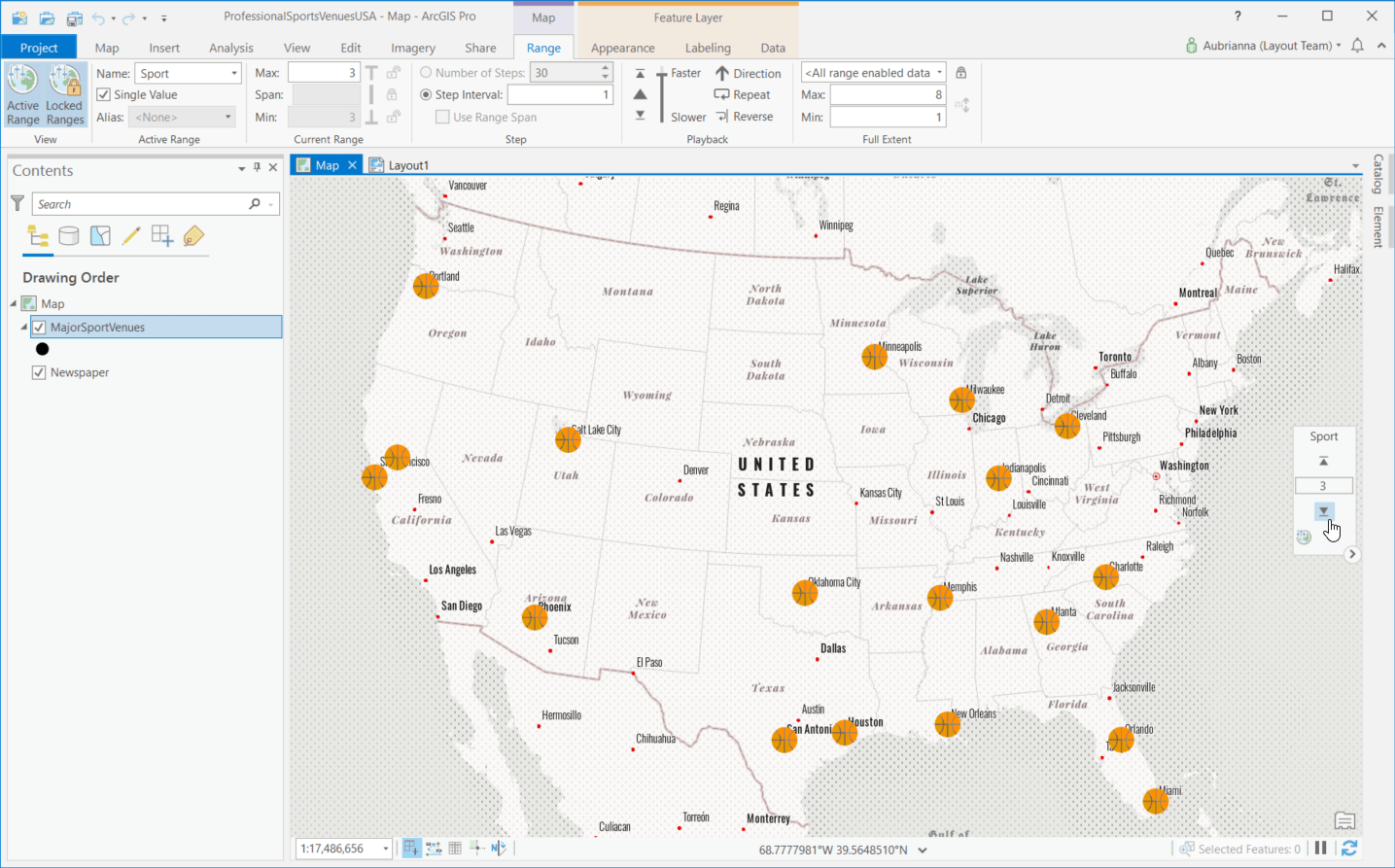Map of sports stadiums in the US with range enabled. The range is set to 3, only showing basketball stadiums