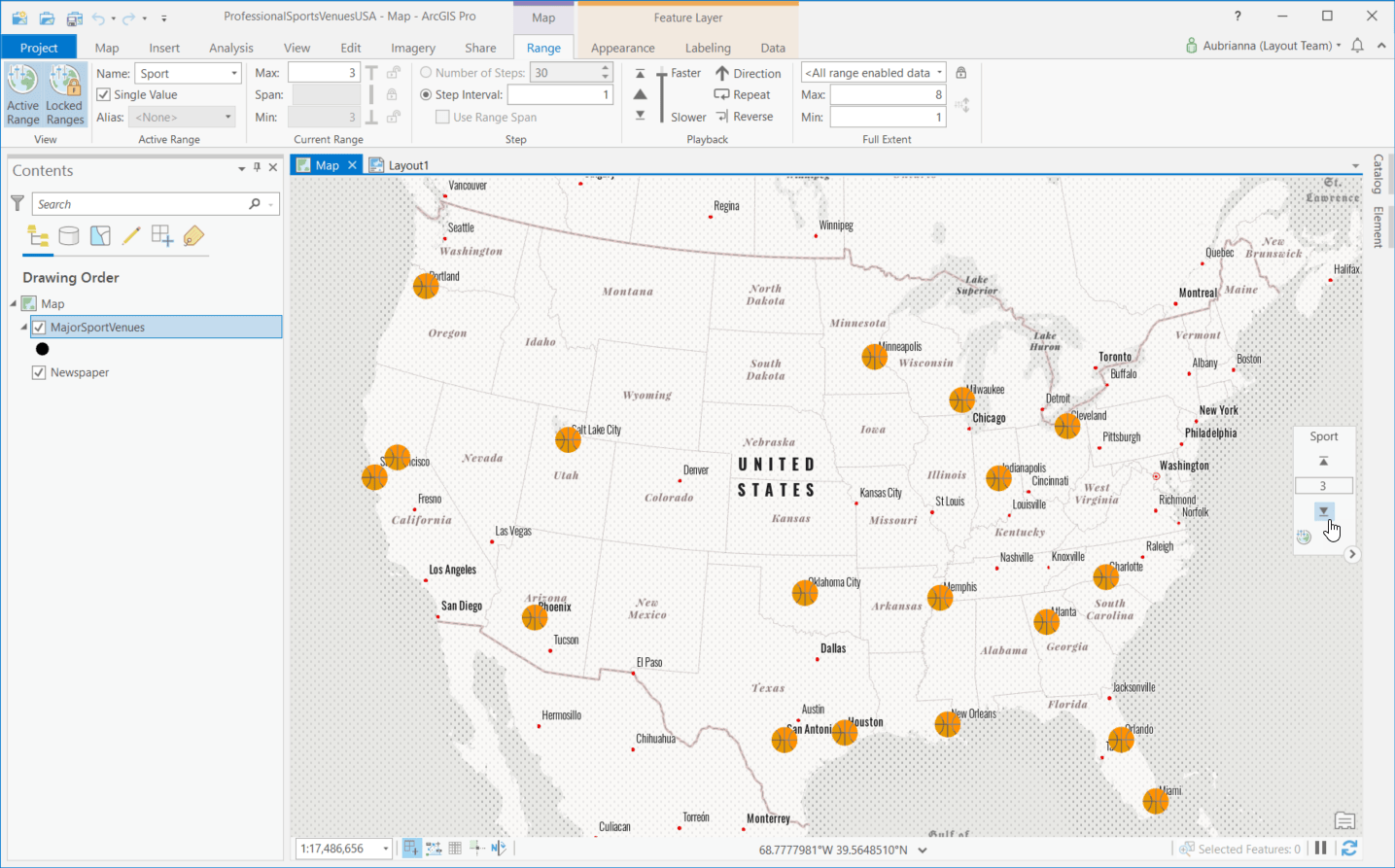 Map of sports stadiums in the US with range enabled. The range is set to 3, only showing basketball stadiums Map of sports stadiums in the US with range enabled. The range is set to 3, only showing basketball stadiums