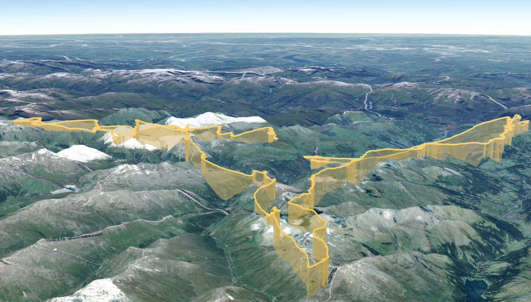 Paragliding track 3D visualization with a vertical wall that connects the paragliding track to the ground