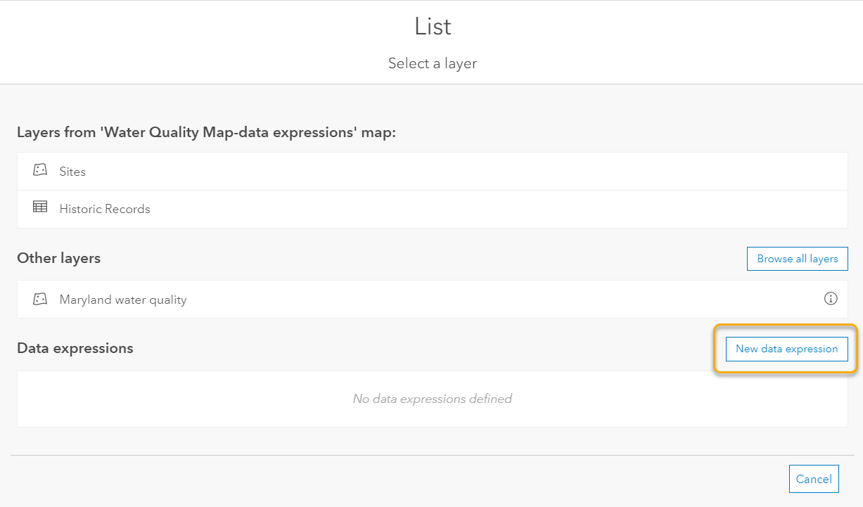 The 'Select a layer' now has a new section for adding and selecting data expressions.