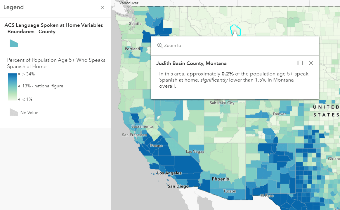 Pop-up for Judith Basin County, MT: "In this area, approximately 0.2% of the population age 5+ speak Spanish at home, significantly lower than 1.5% in Montana overall."