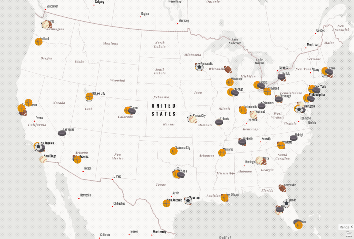 Map of professional sports stadiums in the US. Most of the