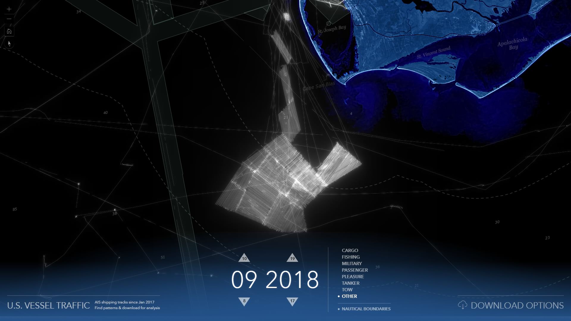 Vessel traffic in a strong grid pattern.