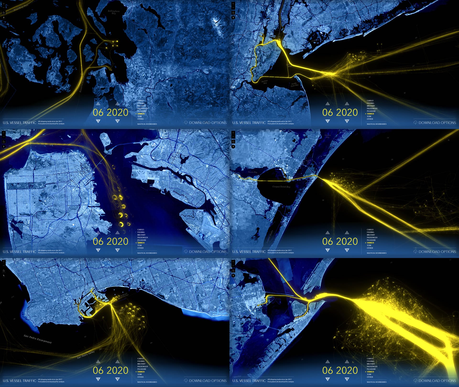 Large ports show grids of circular tanker patterns offshore, where they are anchored awaiting a port berth.