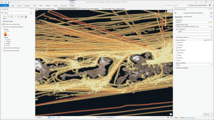 Map showing speed and acceleration of ocean vessels