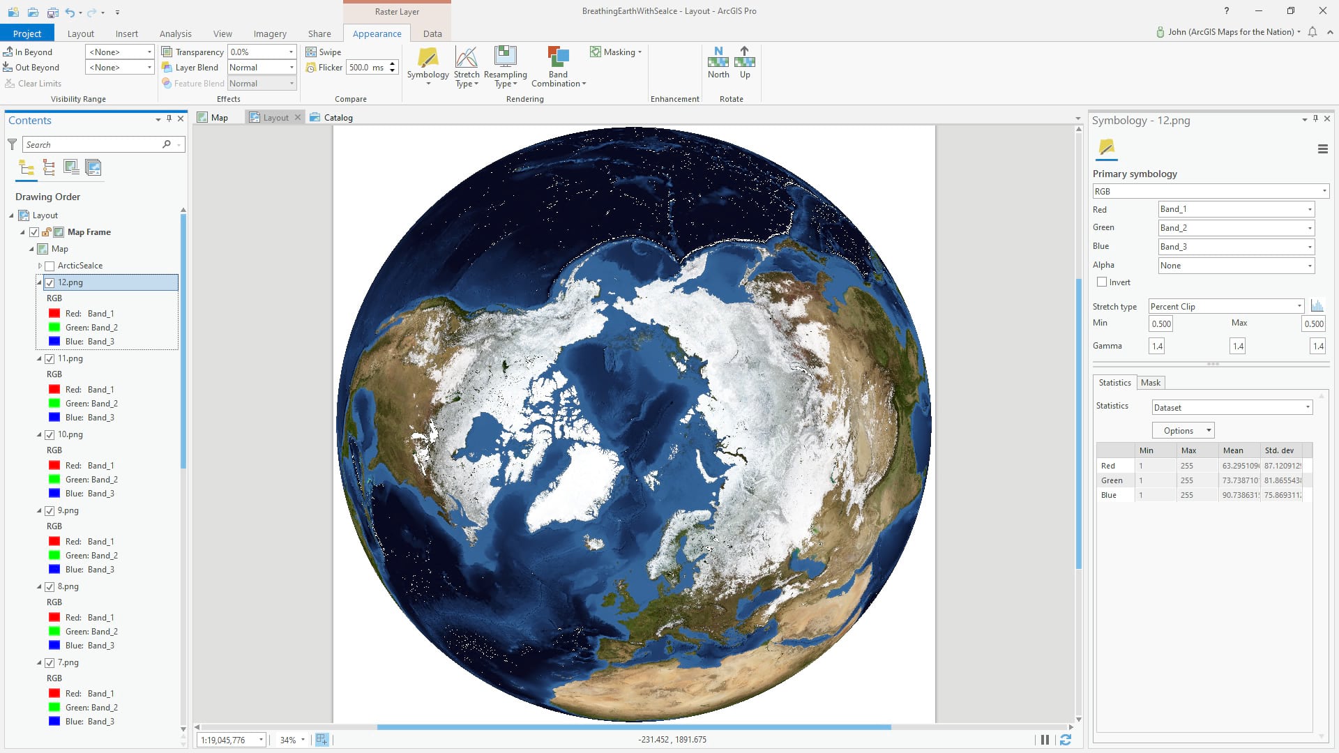 NASA imagery in ArcGIS Pro, with North Pole Orthographic projection NASA imagery in ArcGIS Pro, with North Pole Orthographic projection
