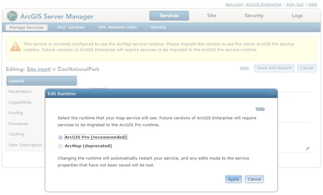 Screenshot of what the Edit Runtime operation looks like in ArcGIS Server Manager.