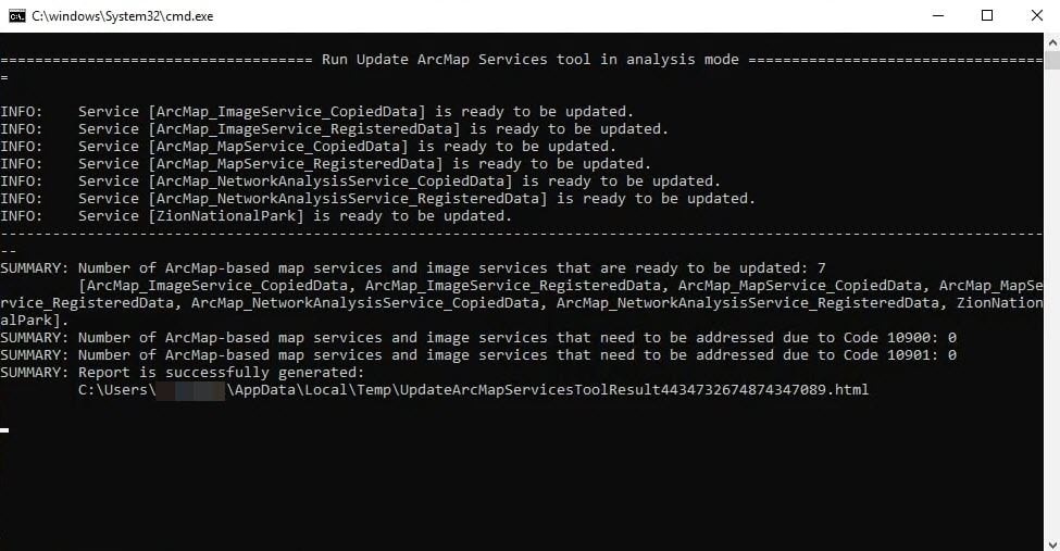 Screenshot of the UpdateArcMapServices utility being run through Command Prompt.