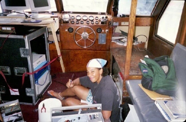 Dr Dawn Wright on a survey boat in American Samoa