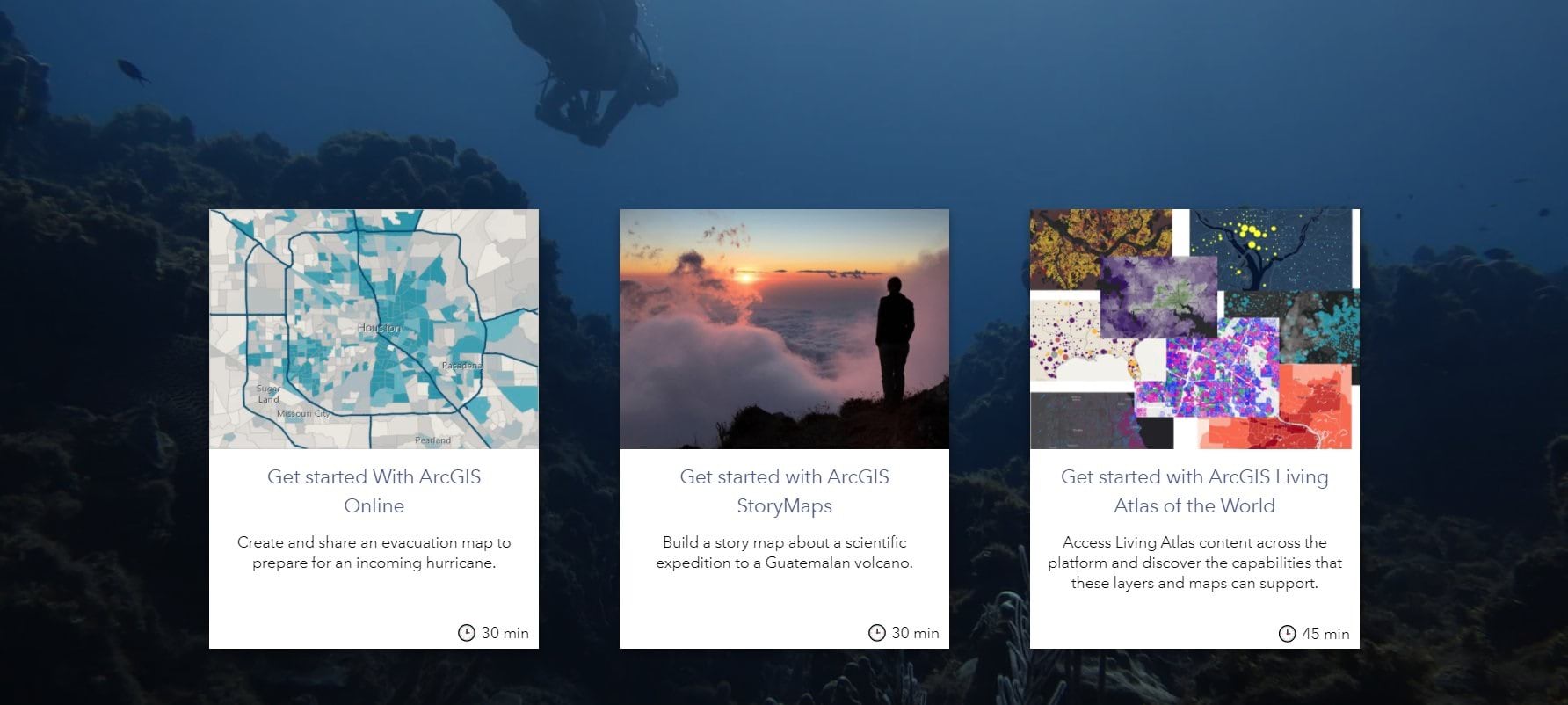 A screenshot of three story cards side by side that feature and link to a Getting Started with ArcGIS lesson, a Getting Started with ArcGIS StoryMaps learn path, and a Getting Started with ArcGIS Living Atlas learn path
