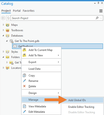 Add Global IDs by right-clicking the dataset in Catalog pane, then Manage, then Add Global IDs