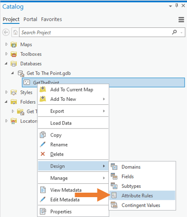 Open the attribute rules view from the Catalog pane by right-clicking the feature class, then Design, then Attribute Rules