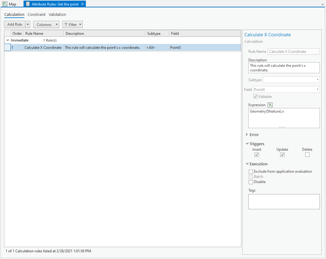 Attribute rules view showing one immediate calculation rule that will fire on insert and update to automatically populate the PointX field.