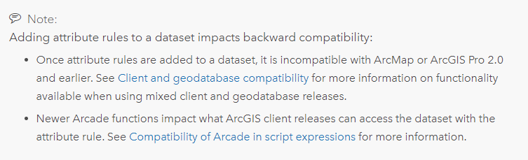 Backward compatibility notice warning users that if they add attribute rules to a dataset in ArcGIS Pro, it will be incompatible with ArcMap or ArcGIS Pro 2.0 and earlier.