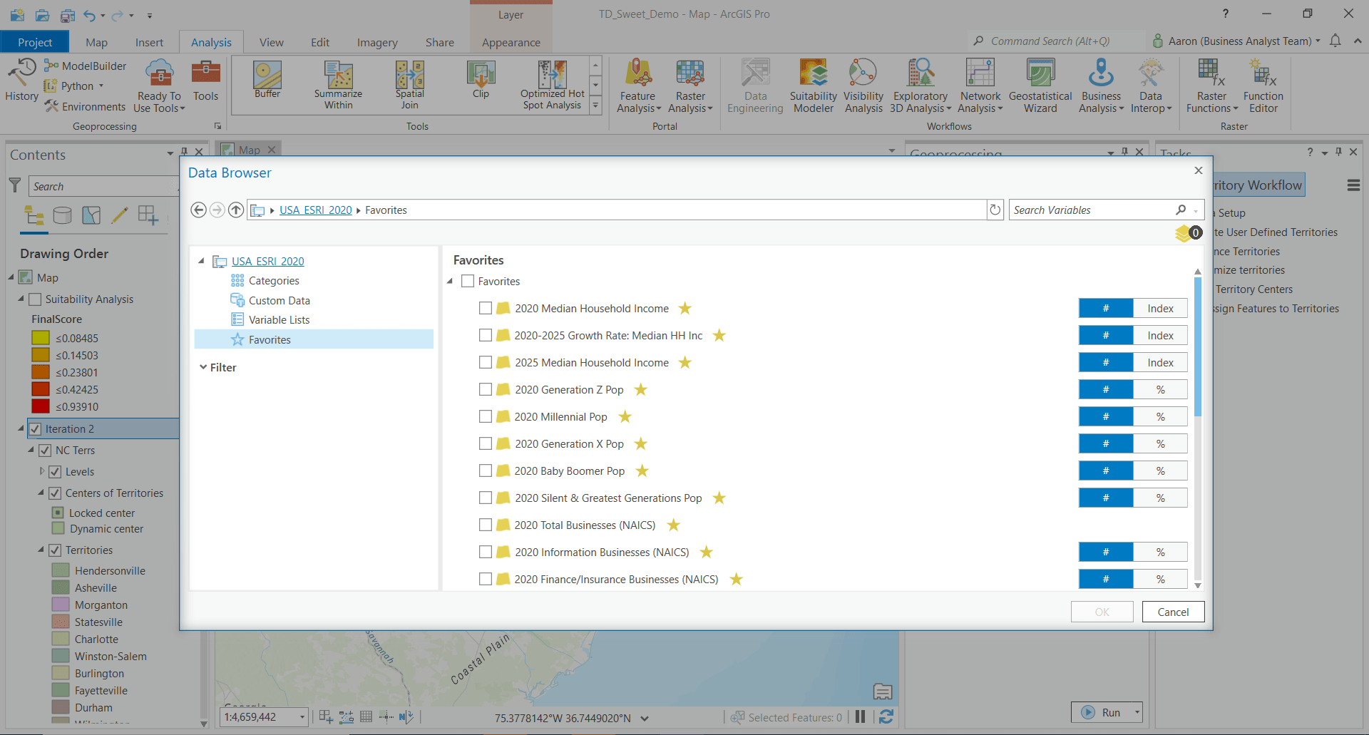 Highlighted favorites menu in the data browser within ArcGIS Business Analyst Pro