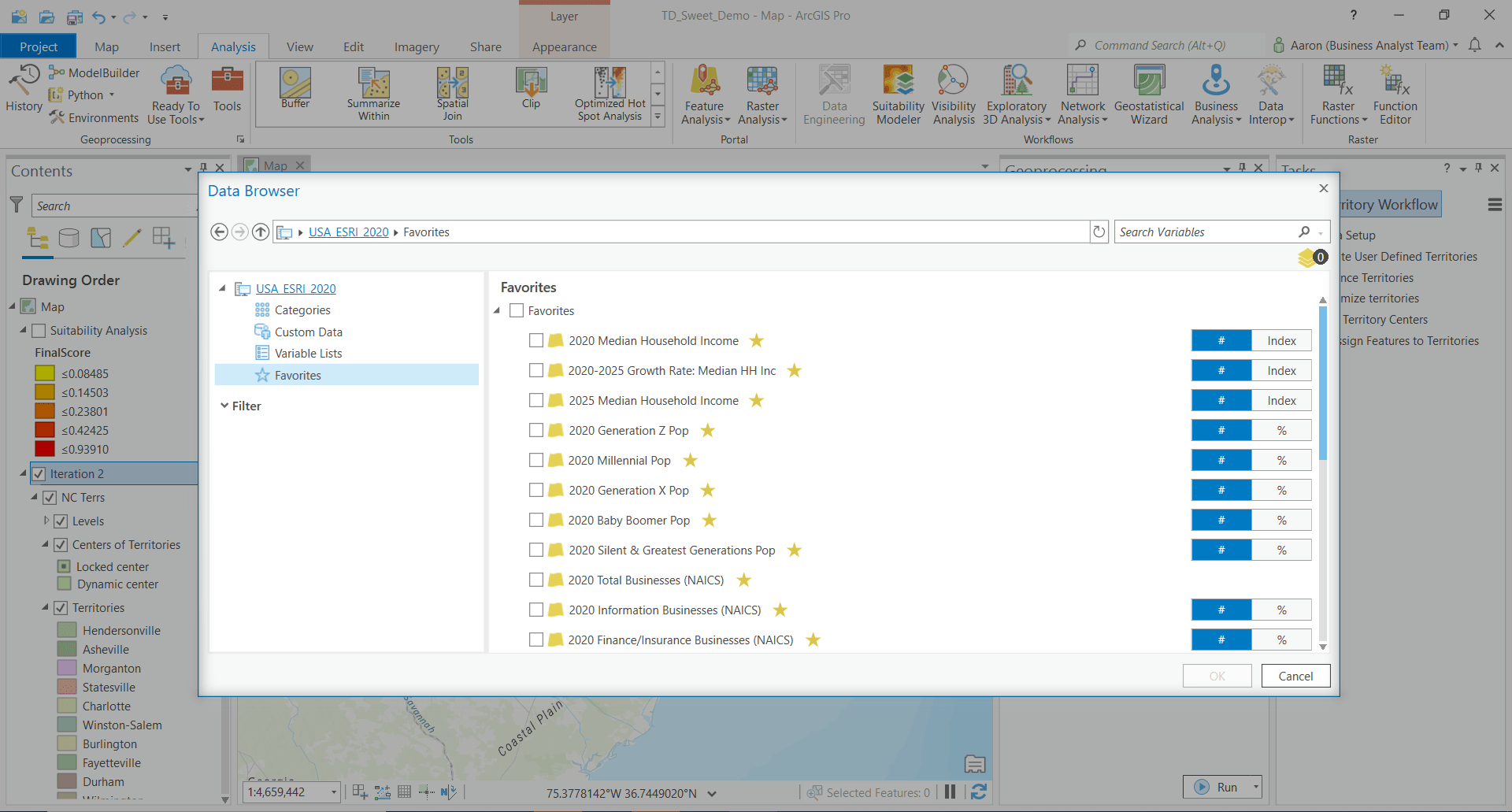 Highlighted favorites menu in the data browser within ArcGIS Business Analyst Pro Highlighted favorites menu in the data browser within ArcGIS Business Analyst Pro
