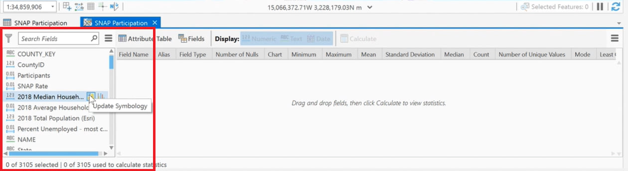 Showing the fields panel in the Data Engineering view that allows for visualization of all fields in a layer.
