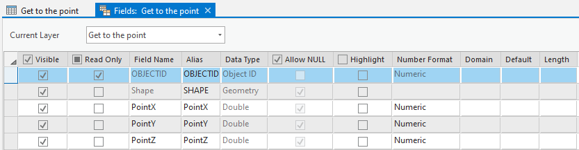 Fields view showing PointX, PointY, and PointZ fields with data type of double that will be used to store x,y,z attribute values.