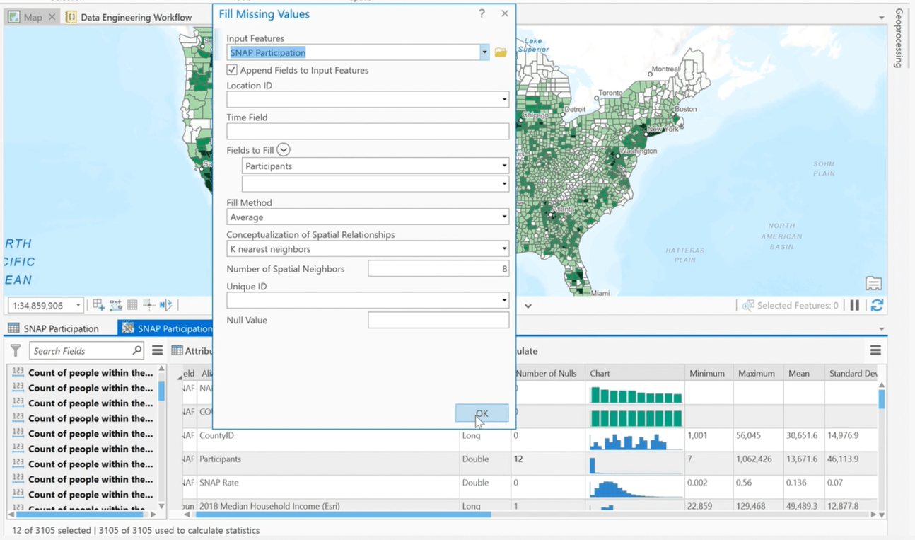 The Fill Missing Values tool was run to replace the missing values with estimated values based on spatial neighbors.