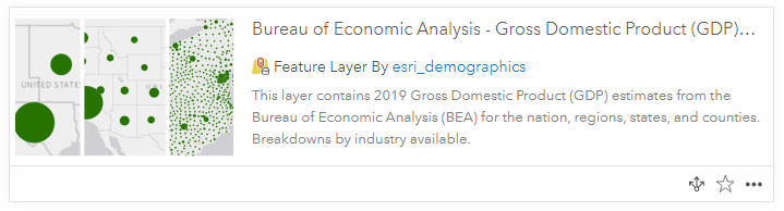 Card of ArcGIS Online item: feature layer of Gross Domestic Product (GDP), 2019 Card of ArcGIS Online item: feature layer of Gross Domestic Product (GDP), 2019