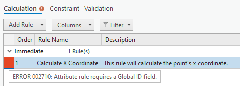 Image showing Error 002710: Attribute rule requires a Global ID field.