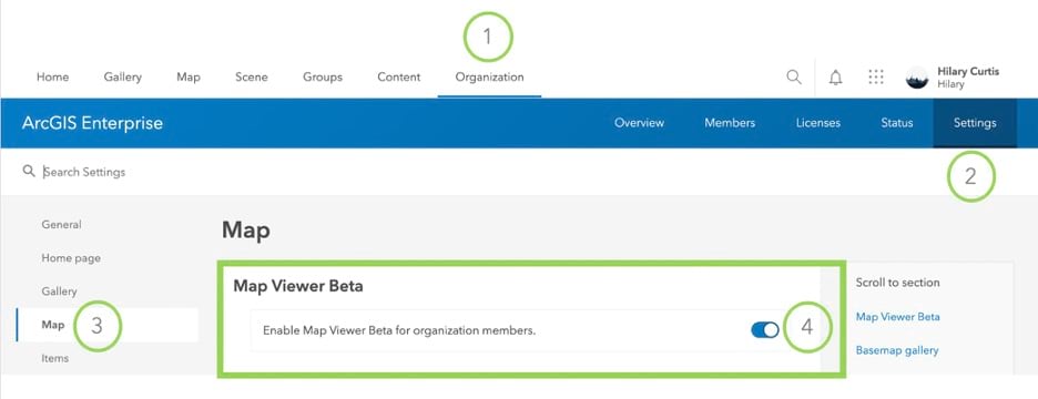 Option to disable or enable Map Viewer Beta in ArcGIS Enterprise from the organization tab