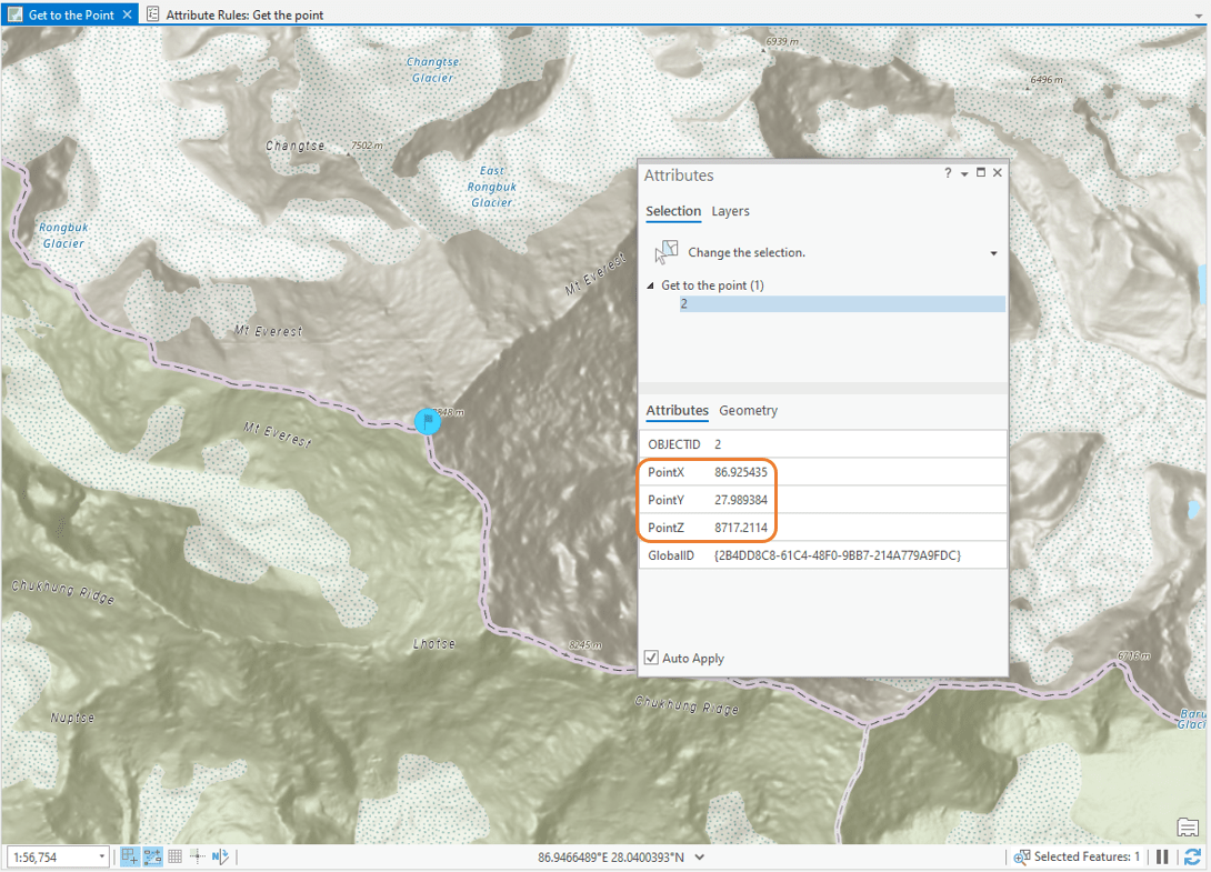 Image demonstrating that the PointX, PointY, and PointZ fields are automatically populated when a point is created for Mt. Everest.