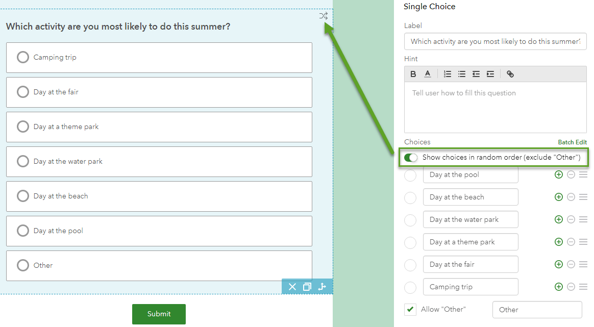 Single Choice configuration panel with Show Choices in Random Order toggled on. Single Choice configuration panel with Show Choices in Random Order toggled on.