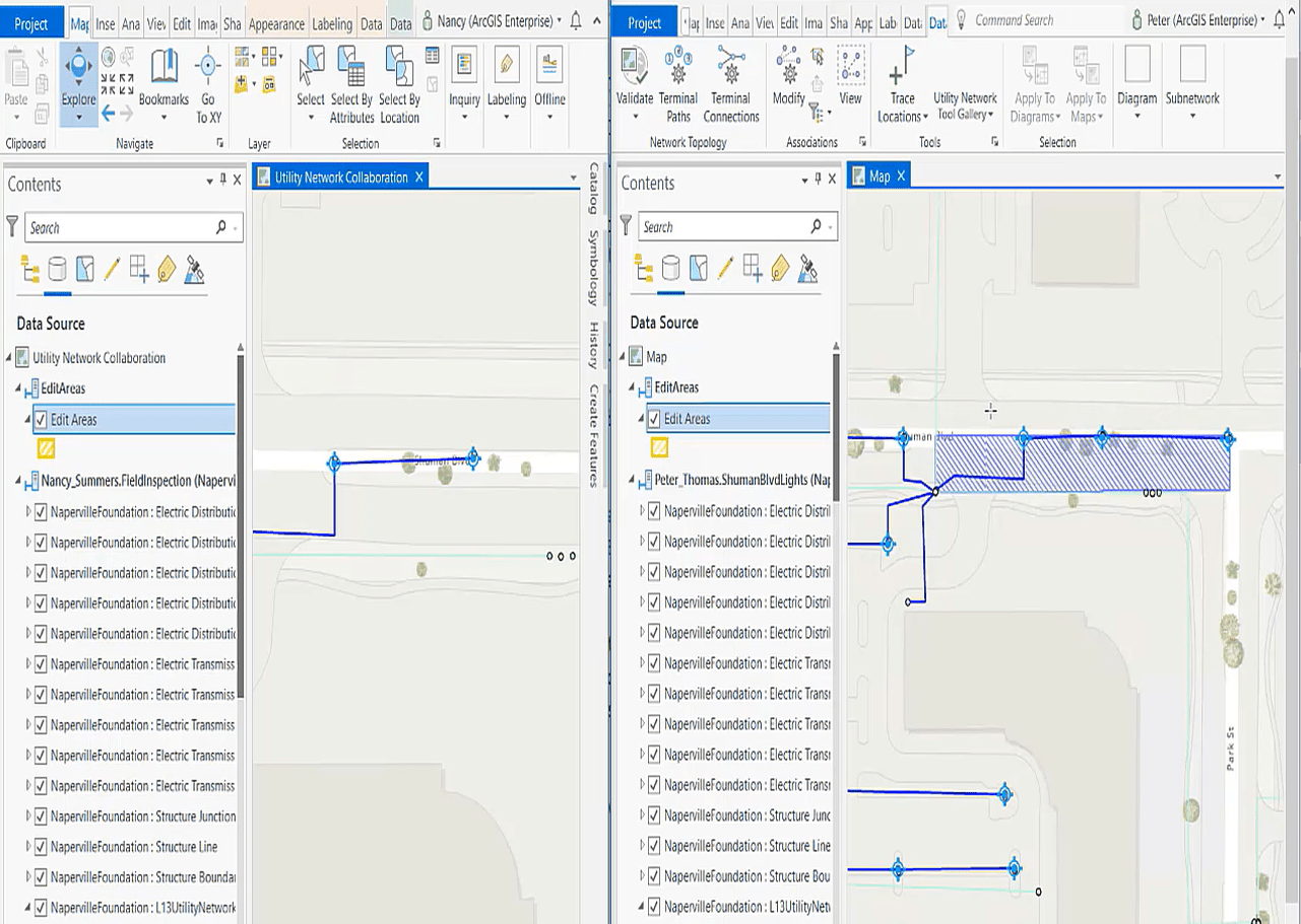 Nancy's and Peter's GIS workflows displayed side-by-side.