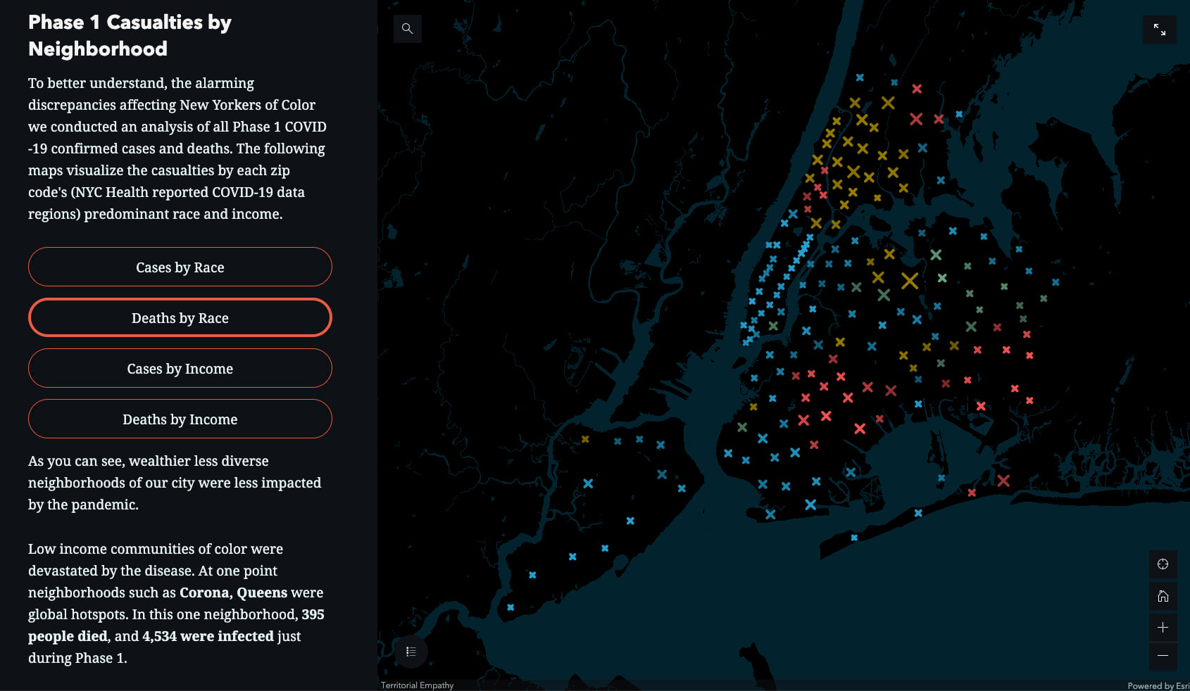 detailed map of NYC showing covid-19 deaths