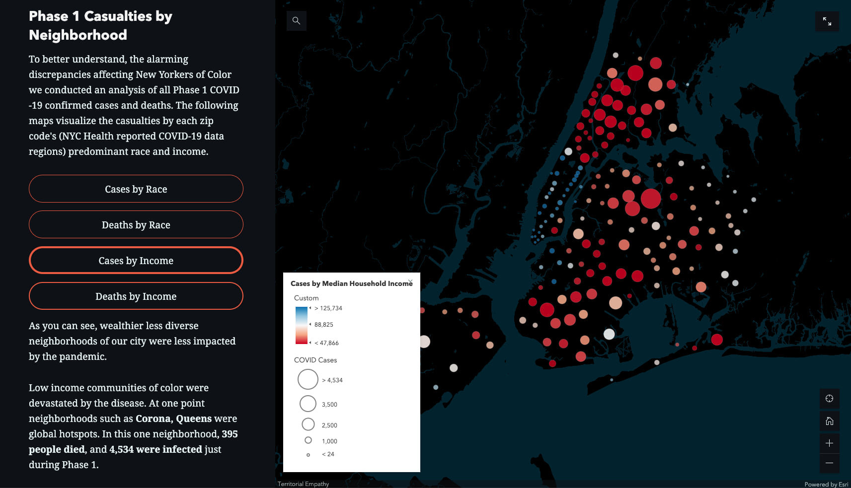 detailed map of NYC showing number of covd-19 cases