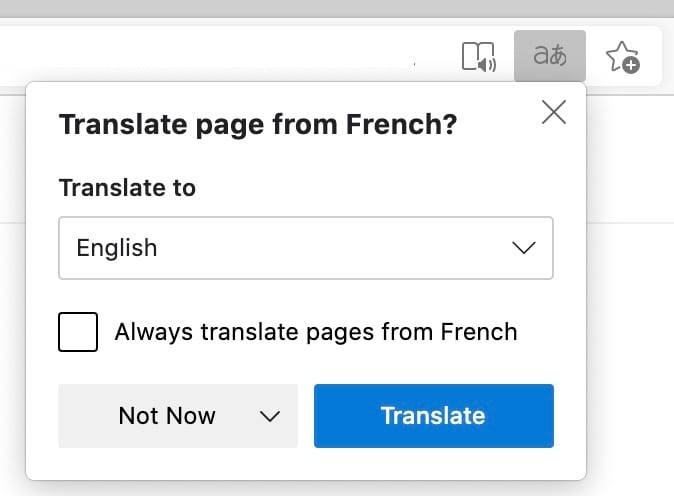 Microsoft Edge page translation prompt