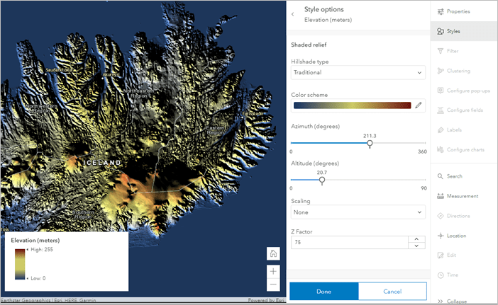 Shaded relief imagery style in Map Viewer