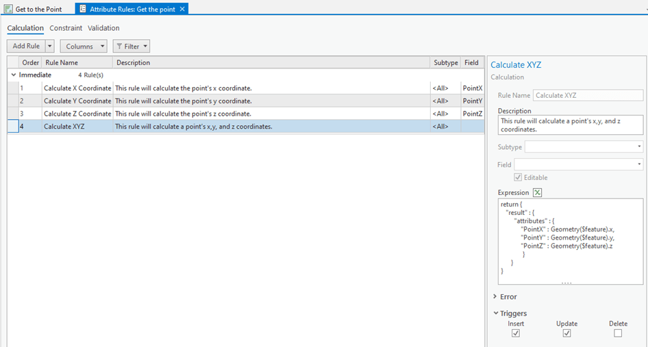 Attribute rules view showing a single rule that will calculate multiple fields at the same time.