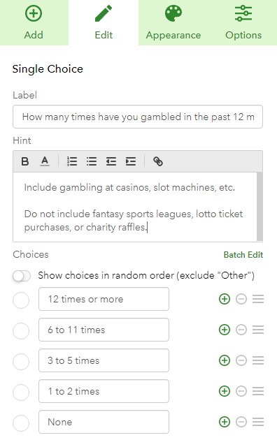 Question editor in Survey123 for Single Choice questions. Question editor in Survey123 for Single Choice questions.