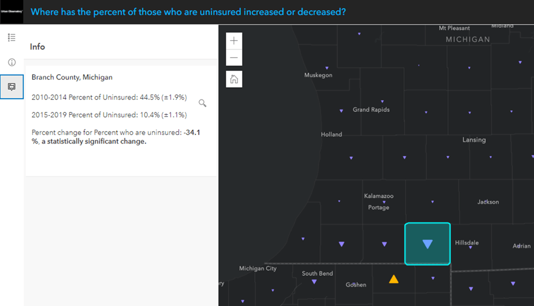 Popup for Branch County, MI says "2010-2014 Percent of Uninsured: 44.5% (+/- 1.9%), 2015-2019 Percent of Uninsured: 10.4% (+/- 1.1%). Percent change for Percent who are uninsured: -34.1%, a statistically significant change." Popup for Branch County, MI says "2010-2014 Percent of Uninsured: 44.5% (+/- 1.9%), 2015-2019 Percent of Uninsured: 10.4% (+/- 1.1%). Percent change for Percent who are uninsured: -34.1%, a statistically significant change."
