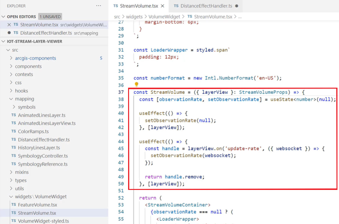 The update-rate event is utilized in a function expression inside a useEffect hook, all within the StreamVolume functional component.