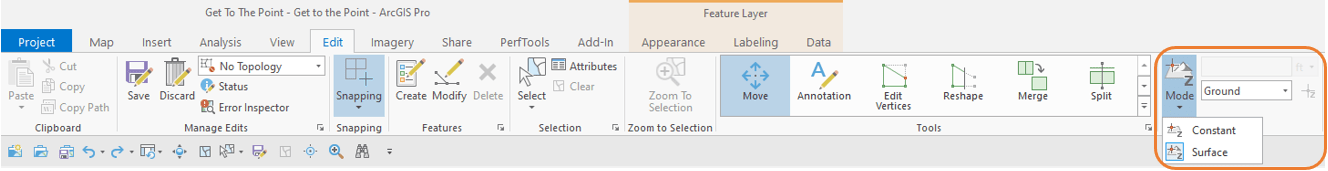 Elevation group in the ribbon showing that Z Mode is enabled and set to pull z-values from the Ground surface.